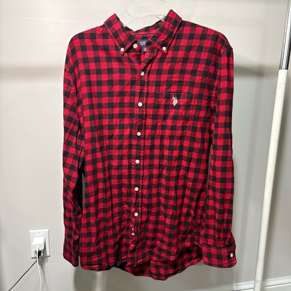 U.S. POLO ASSN. Red Black Plaid Flannel Button Down Shirt Sz L Outdoor Classic